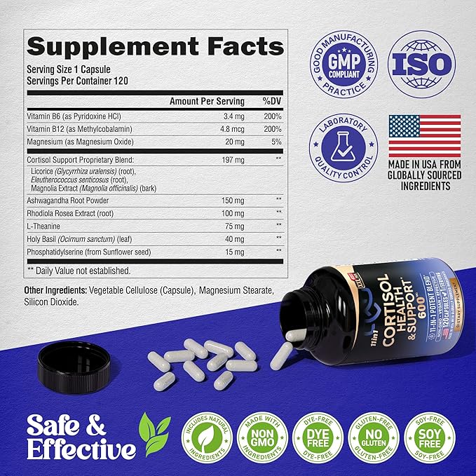 Cortisol Supplement - 11 in 1 Hormone Balance for Women - Made in USA Supplement - Mood, Focus, Sleep Support - Vegan, Non-GMO, Natural Pills - 120 Capsules